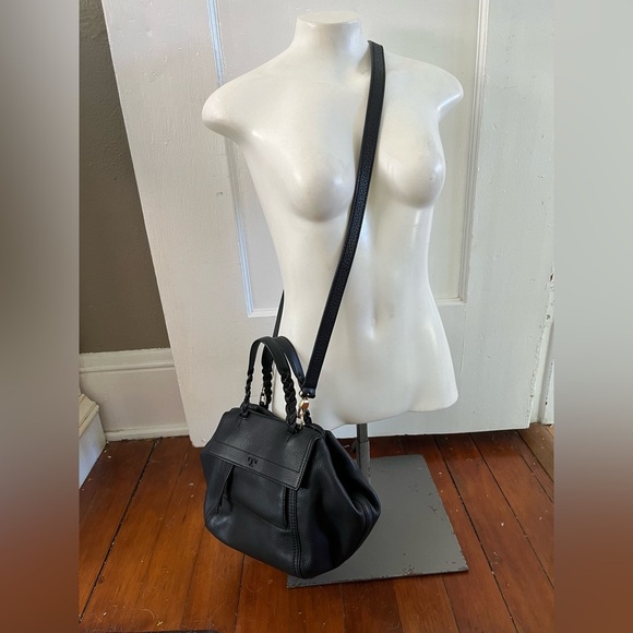 Tory Burch Half Moon Leather Satchel Black Gold Crossbody Convertible Bag - Picture 7 of 17